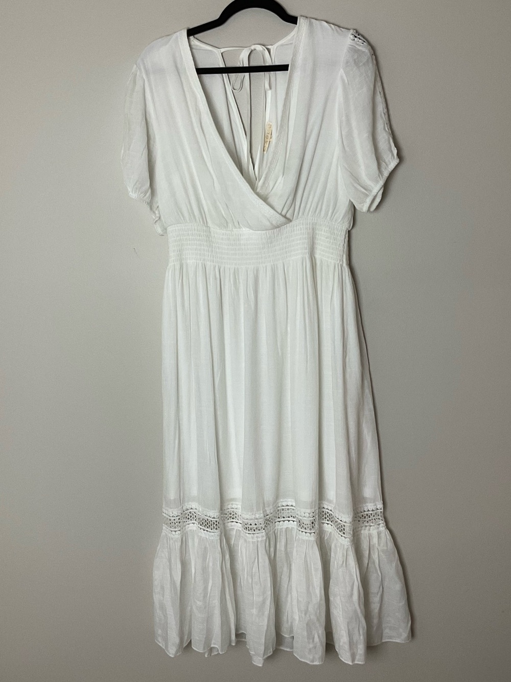 Kings Road White V-Neck Smocked Waist Midi Dress Boho Cottagecore Romantic 1XL